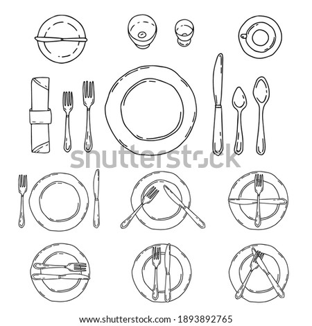 Table settings isolated on a white background. Serving in doodle style with plate, forks, spoons, knife and napkin. Table etiquette. Position of fork and knife on plate.