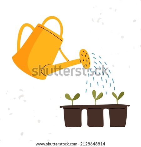 Vector yellow watering can isolated on a white background. Gardening tools. Seedlings are watered from a watering can. Vector illustration.