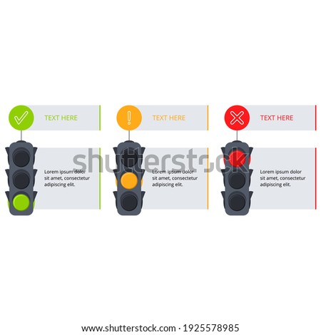 Illustration Vector Graphic of infographic traffic light with symbol in yellow, red, and green color. stop, warning, and go sign in Cartoon, perfect for presentation, campaign, and poster
