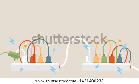 Electric circuit overload and power strip safety, short circuit from full plug in 5-outlet power strip. Dangerous from short circuit peripheral.