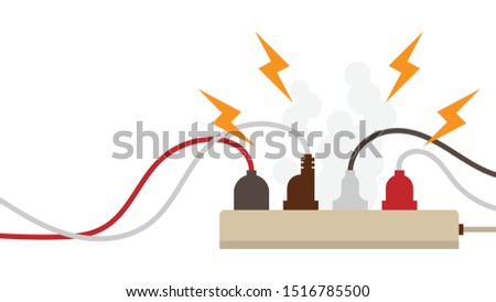 Electric circuit overload and power strip safety, short circuit from full plug in 4-outlet power strip. Dangerous from short circuit peripheral with clipping mask in file, flat design style.