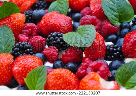 Fresh tasty summer fruits. Blue berries, strawberry, raspberries, blackberries.