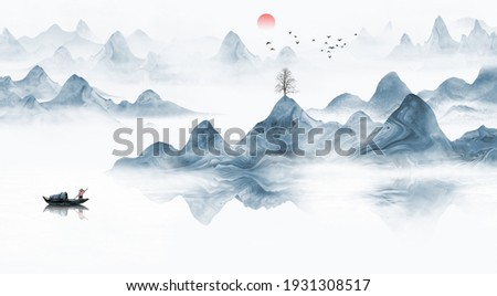 Hand painted Chinese style blue ink landscape painting