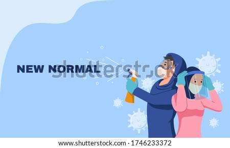 Illustration of new normal concept. A man wearing protective google, mask, and glove with disinfectant spray and a woman wearing her face shield to avoid corona virus. Global pandemic. Flat vector.