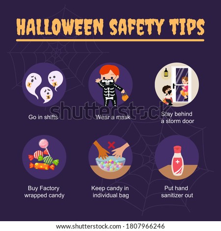 Halloween 2020  safety tips during corona virus pandemic. Stay safe information social media post template. Flat vector design.