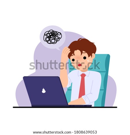 Office man feel stressed and troubled. Problem solving. Challenge at work. Office clip art. Flat vector illustration isolated on white. 