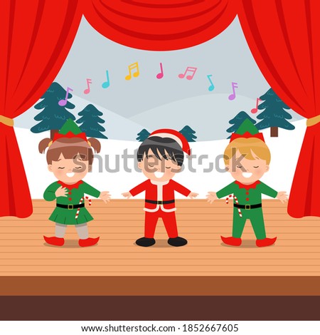 Cute children performing musical event on the stage. Flat vector Christmas theme clip art.