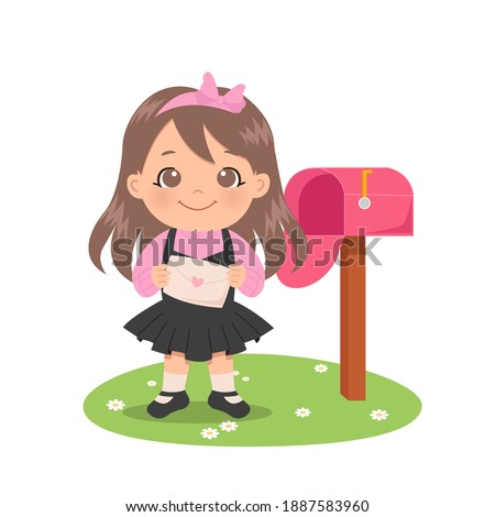 Cute girl holding an envelope love letter concept. Pink traditional mail post. Flat vector cartoon style.