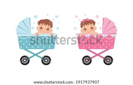 Cute baby girl and boy in a stroller. Baby gender reveal decoration. Flat vector design.