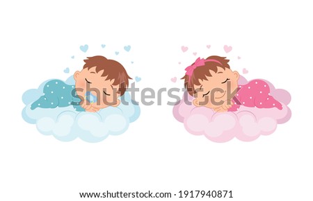 Cute baby girl and boy sleeping on a cloud. Illustration for baby shower, gender reveal, birthday party. Flat vector design.
