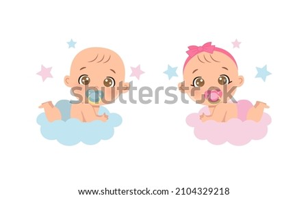 Cute baby boy and girl gender reveal clipart. Flat vector cartoon design