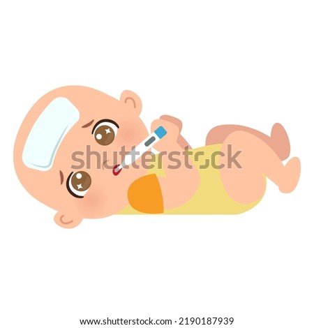 Little baby lying down sick with fever. Flat vector cartoon design