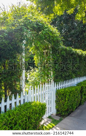A white picket fence and the gated area for entrance to a yard. Bright strong sunlight shines through the opening where the gate is, welcoming visitors. Lush green shrubs and hedge around the scene.