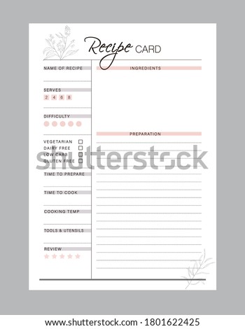 Recipe card and Meal Planner printable template Vector. Meal planning and groceries list. Easily plan out of your weekly meals for breakfast, lunch, dinner and snacks.