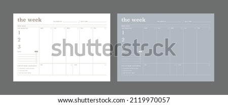 2 Set of minimalist planners. Weekly planner template. Clear and simple printable to do list. Business organizer page. Paper sheet. Realistic vector illustration.