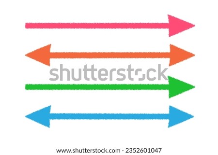 Long horizontal arrows. Straight colored green, orang, blue, red double arrows. 