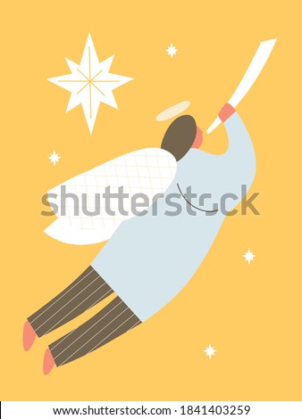 Christmas angels and star of Bethlehem. Postcard in modern, flat, naive abstract style. The city of Bethlehem and the Star above. Christian religious illustration.