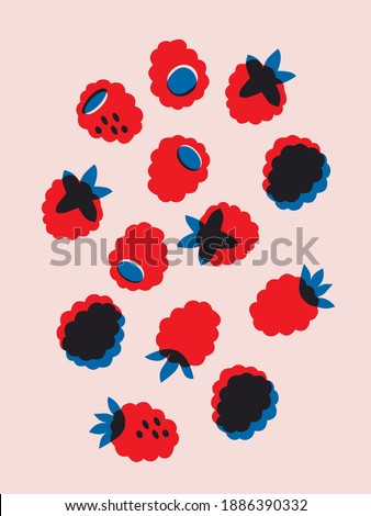 Fresh raspberry abstract poster. Flat cartoon fruits summer for your advertising, flyer design. Red, blue, pink berry print. Harvest garden. Sweet berries.