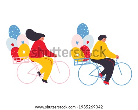 Happy Easter scene with people vector poster. Cartoon modern bicycle man and bicycle woman  illustration. Easter street events, festival and fair, banner, poster design.