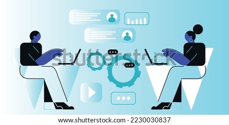 Man and woman sitting with laptop and fixing WordPress issues in web design. Visual clarification of illustration a web design, WordPress theme plugin or ux ui design. Vector cartoon illustration