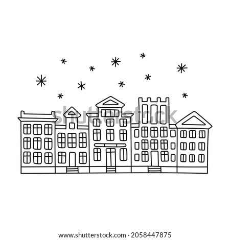 Vector line hand drawn illustration with winter old town city cute house panorama. Europian houses Christmas set. Isolated on white background