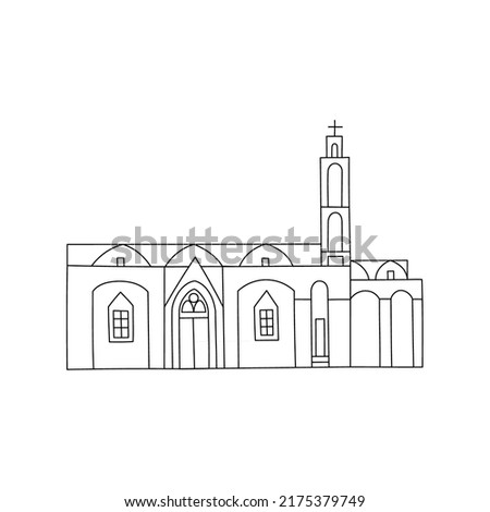 Vector line hand drawn illustration with Church of Saint Thyrsos. Famagusta, Northern Cyprus. Stone Orthodox Christian Greek Arhitecture Imagine de stoc © 