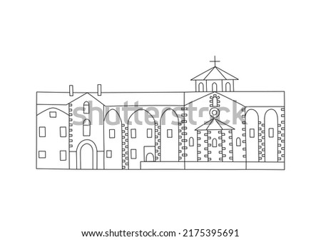 Vector line hand drawn illustration with Kykkos Monastery. The Holy Monastery of the Virgin of Kykkos. Troodos, Cyprus. Orthodox Christian Greek Arhitecture Imagine de stoc © 