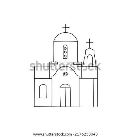 Vector line hand drawn illustration with White Church, Kalamies Beach, Protaras, Cyprus. Stone Orthodox Christian Greek Arhitecture Imagine de stoc © 