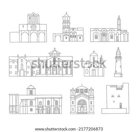 Vector line hand drawn illustration with Cyprys churches and monasteries. Stone Orthodox Christian Greek Arhitecture buildings set Imagine de stoc © 