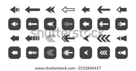 Arrow pointer cursor square icon collection. Set of white arrows on black button for UI design. Web user interface element vector illustration