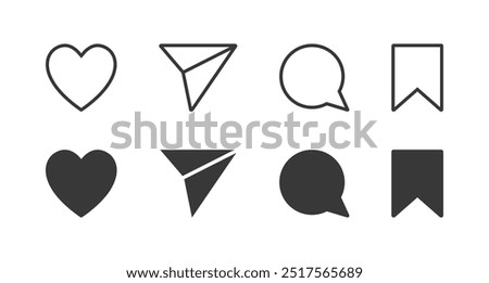 Like share comment and save button solid line icons. Web social network user interface icon set