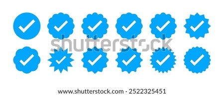 Blue Verified badge icon set. Collection of different style star shaped social media icons