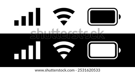 iPhone ios notification bar wifi signal battery user interface icons. Black white icon set of phone ui vector illustration