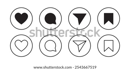 Instagram social media like comment share save round icon collection in line style. Set of social network user interface button icons vector illustration