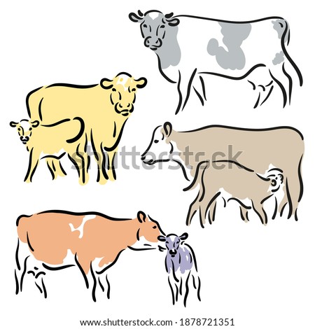 Bull, cow, ox a calf Drawing. Stylized silhouettes of standing in different colors. Isolated on white background. Bull logo designs set. simple hand Vector illustration. Chinese happy new year 2021.
