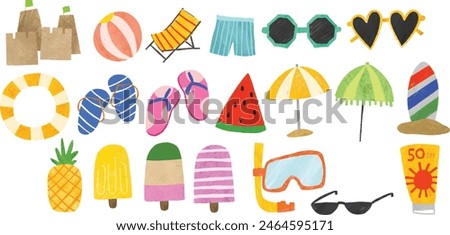 Beach Time Hand-drawn Illustration Clip Art | Summer Beach Ball Ice Cream Sand Castle Flip Flop Watermelon Fresh Pineapple Fruits Sunglasses Sun Cream Pants Swimwear Popsicle