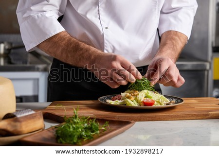 Professional Chef-cook Decorating Dish In Restaurant Kitchen Alone. Man In White Apron Makes Finishing Touch On DIsh, Adding Some Greens. Culinary, Restaurant, Gourmet Concept