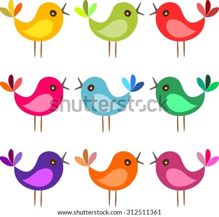 Cute funny birds. Nine colorful birds sing on white background.