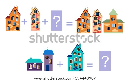 Cartoon illustration of mathematical addition. Examples with buildings. Educational game for children. Vector image.