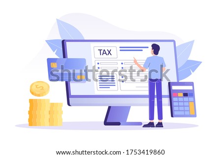 Online Tax Payment Concept. Young man filling application for tax form. Online tax submitting system. Calculating payment check. Isolated modern vector illustration for web, banner, flyer, poster