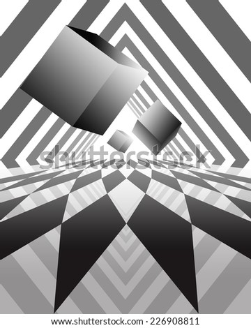 Black and white abstract illustration with geometrical figures, which form corridor with light in the end and flying cubes