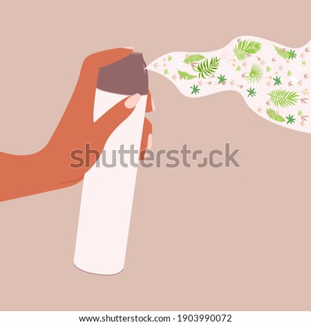 Flat vector illustration of a female hand holding a dispenser and spraying flowers, buds, leaves. Flower spray or air freshener.