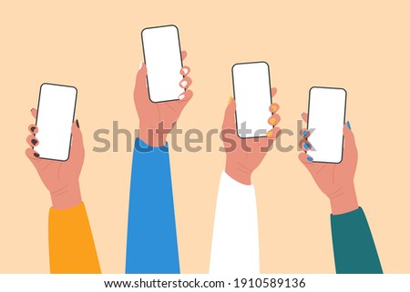 Flat vector cartoon illustration of four hands holding phones with blank screens. Interaction and communication in social networks through the mobile app. Home office with a phone.