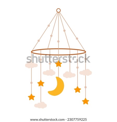 Flat vector illustration of a baby mobile. A rotating hanging accessory for a baby cot. A hanging toy with stars, clouds and a crescent.
