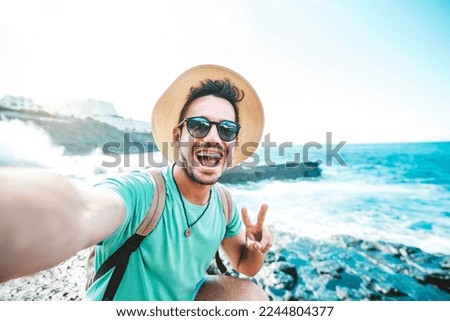 Similar – Image, Stock Photo Man takes a sunset photo on the phone