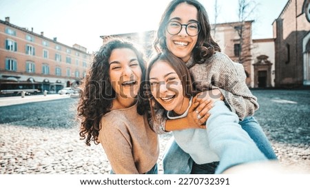 Image, Stock Photo Delighted teen woman taking selfie on smartphone