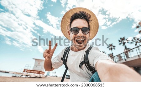 Image, Stock Photo Young man taking selfie in evening time