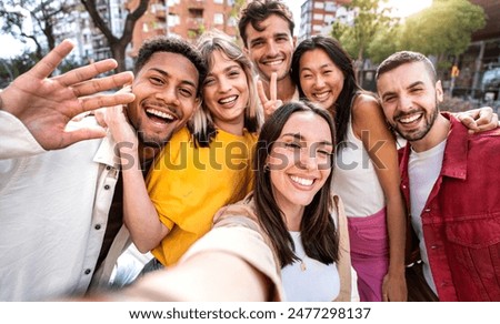 Similar – Image, Stock Photo Group of cheerful teenagers dancing on street