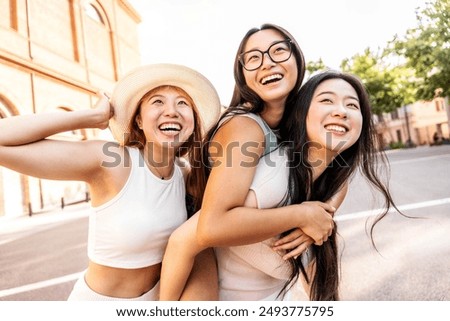 Similar – Image, Stock Photo woman having fun at holi festival showing her coloured hands in the camera