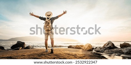 Similar – Image, Stock Photo Man standing on seaside and contemplating moment